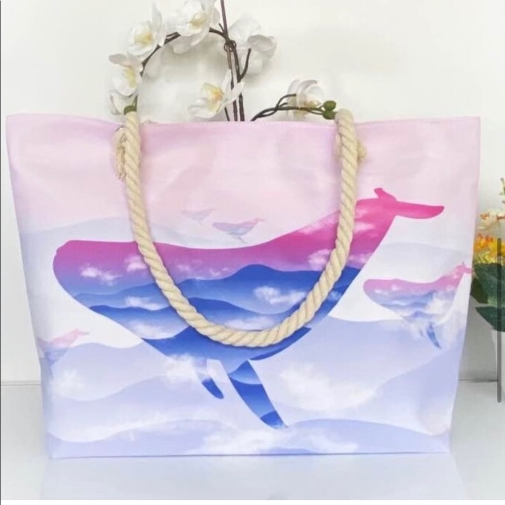 New! Ombré Ocean Whale Rope Handle Tote Travel Bag Beach with pocket - Picture 7 of 12